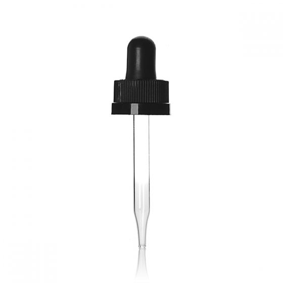 18-400 BLACK RIB SIDE PP RIB SIDE CHILD RESISTANT PDT CLOSURE TEXT INSTRUCTIONS WITH 7 X 66MM STRAIGHT GLASS PIPETTE NBR BULB 0.8ML DRAW