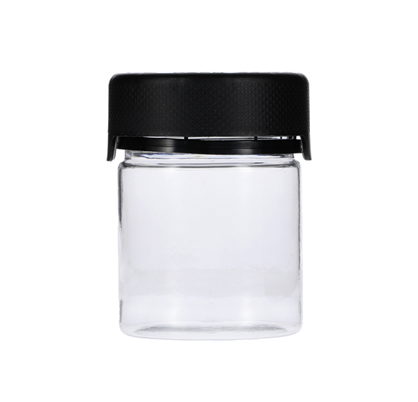 3OZ (90CC) CLEAR PET AVIATOR CR JAR WITH INNER SEAL AND BLACK TAMPER EVIDENT BREAK-OFF BAND CLOSURE