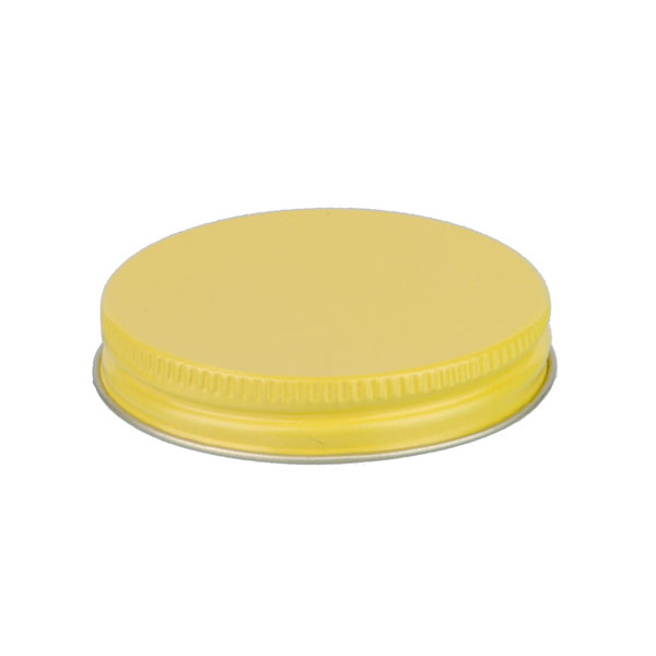 58-400 YELLOW THREADS AND KNURLED EDGE TIN PLATE METAL SCREW CAP - PS22 PRINTED "SFYP" LINER