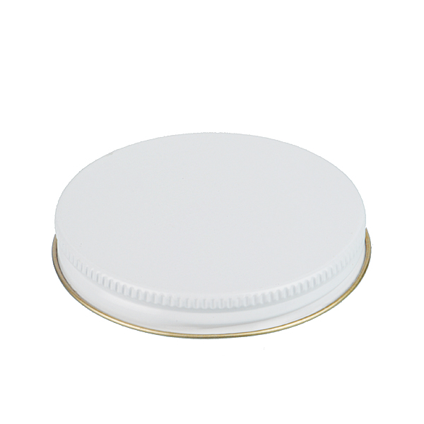 70-400 WHITE THREADS AND KNURLED EDGE TIN PLATE METAL SCREW CAP - HS035 PRINTED "SFYP" LINER