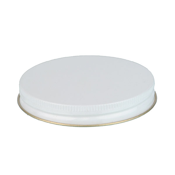 89-400 WHITE THREADS AND KNURLED EDGE TIN PLATE METAL SCREW CAP - PS22 PRINTED "SFYP" LINER