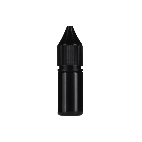 10ML BLACK PET UNICORN BOTTLE WITH BLACK CR TAMPER EVIDENT BREAK-OFF BAND CLOSURE