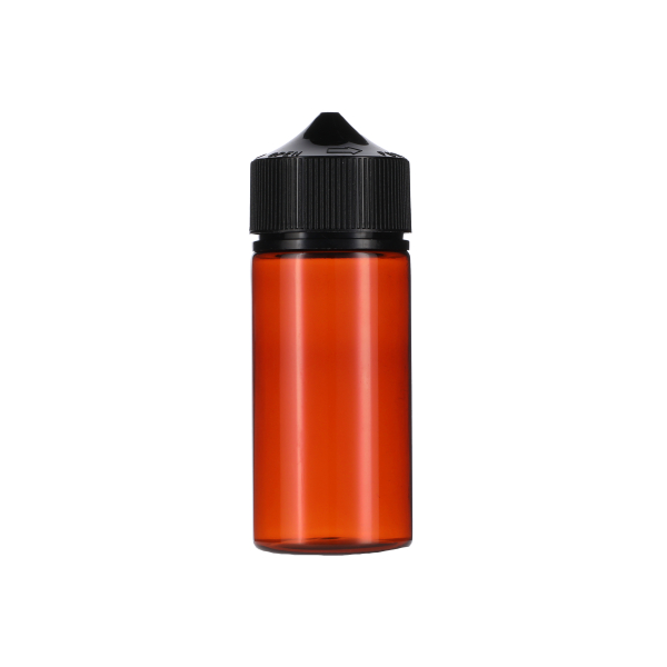 100ML TRANSLUCENT AMBER PET UNICORN BOTTLE WITH BLACK CR TAMPER EVIDENT BREAK-OFF BAND CLOSURE