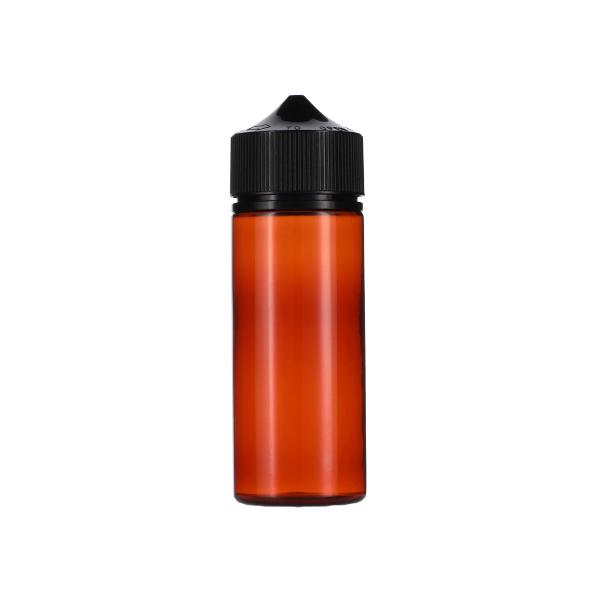 120ML TRANSLUCENT AMBER PET UNICORN BOTTLE WITH BLACK CR TAMPER EVIDENT BREAK-OFF BAND CLOSURE