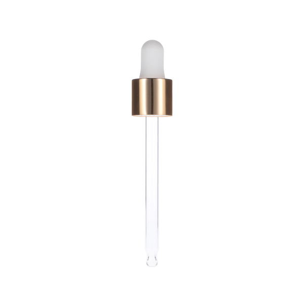 18-415 WHITE PP CLOSURE SHINY LIGHT GOLD OVERSHELL WHITE NBR DROPPER BULB GLASS PIPETTE 95MM LENGTH ROUNDED TIP