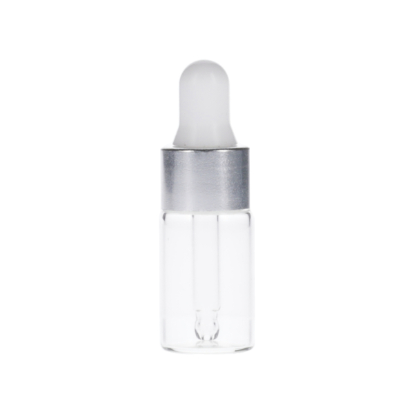 3ML FLINT GLASS VIAL WITH 13-415 WHITE PP SILVER OVERSHELL SILICON BULB  34MM X 5MM GLASS PIPETTE ROUND TIP 1MM ORIFICE